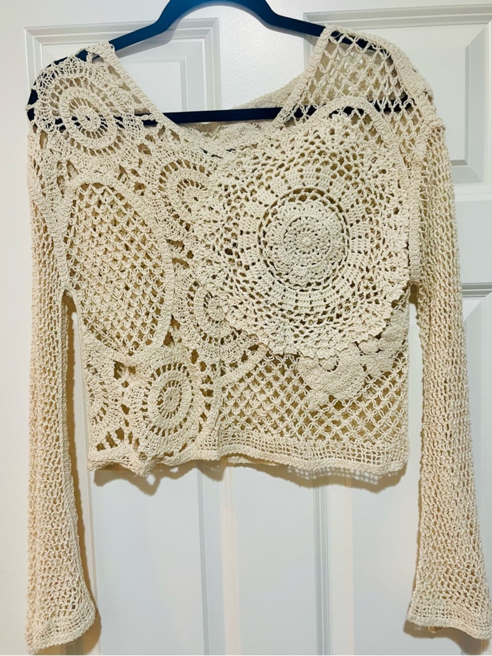 Zara Cream Crochet Long-Sleeve Crop Top